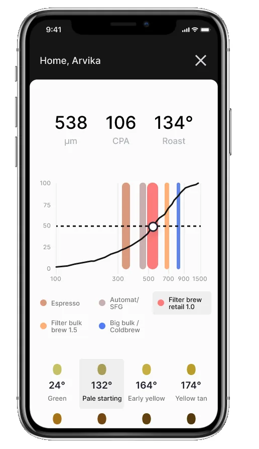 The 3TEMP brewer app, showing roast analysis for a coffee batch