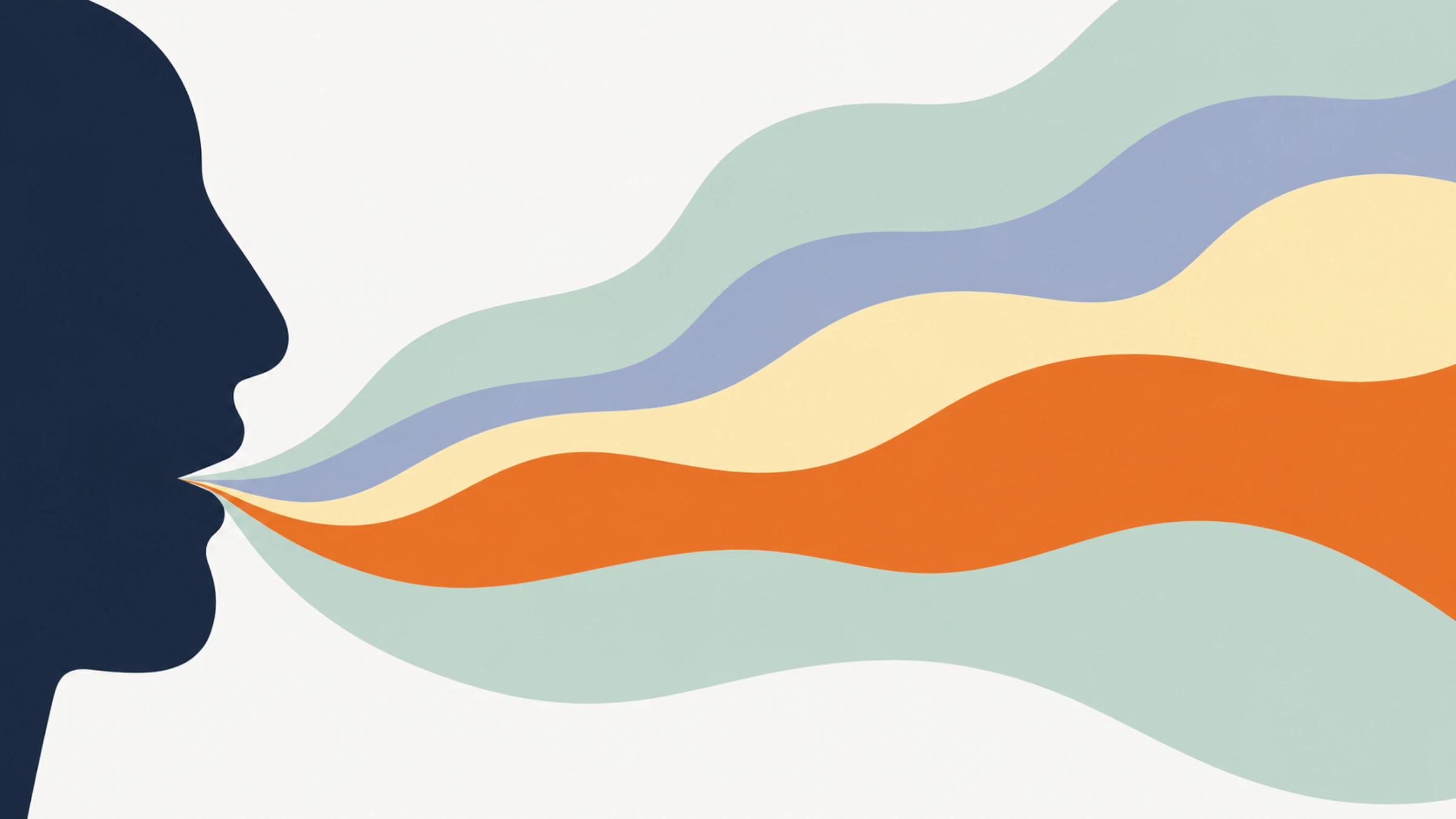 A profile silhouette speaking, with pastel and orange waves flowing from the mouth