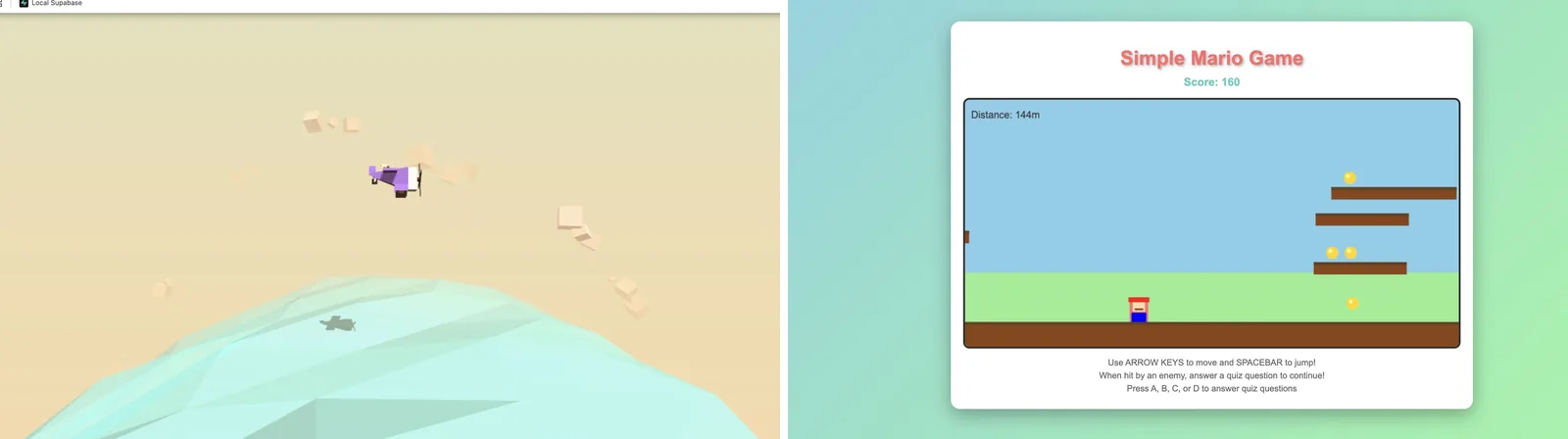 Two of the games built during the day: a low-poly flying game and a browser platformer with quiz questions