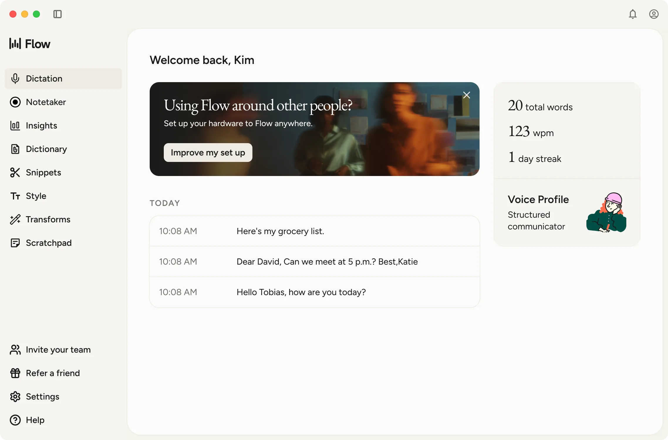 Wispr Flow desktop dashboard showing dictation history, words per minute, and voice profile