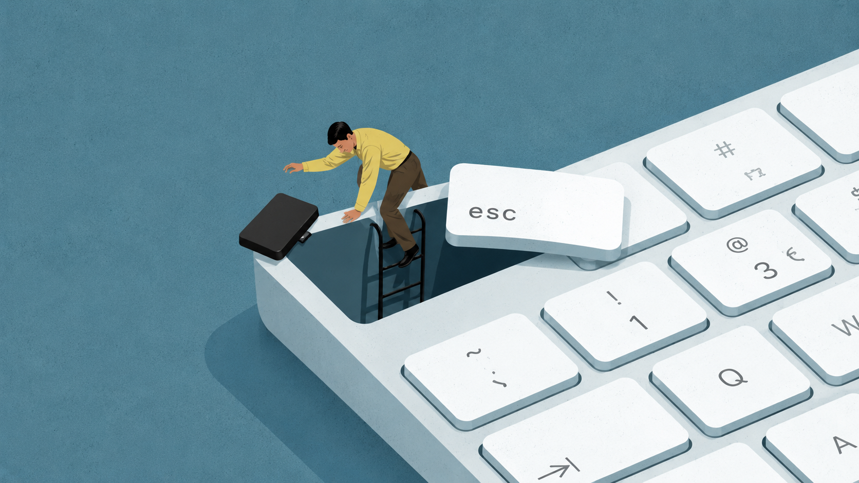 Illustration of a businessman climbing a ladder down into the open esc key of a giant keyboard
