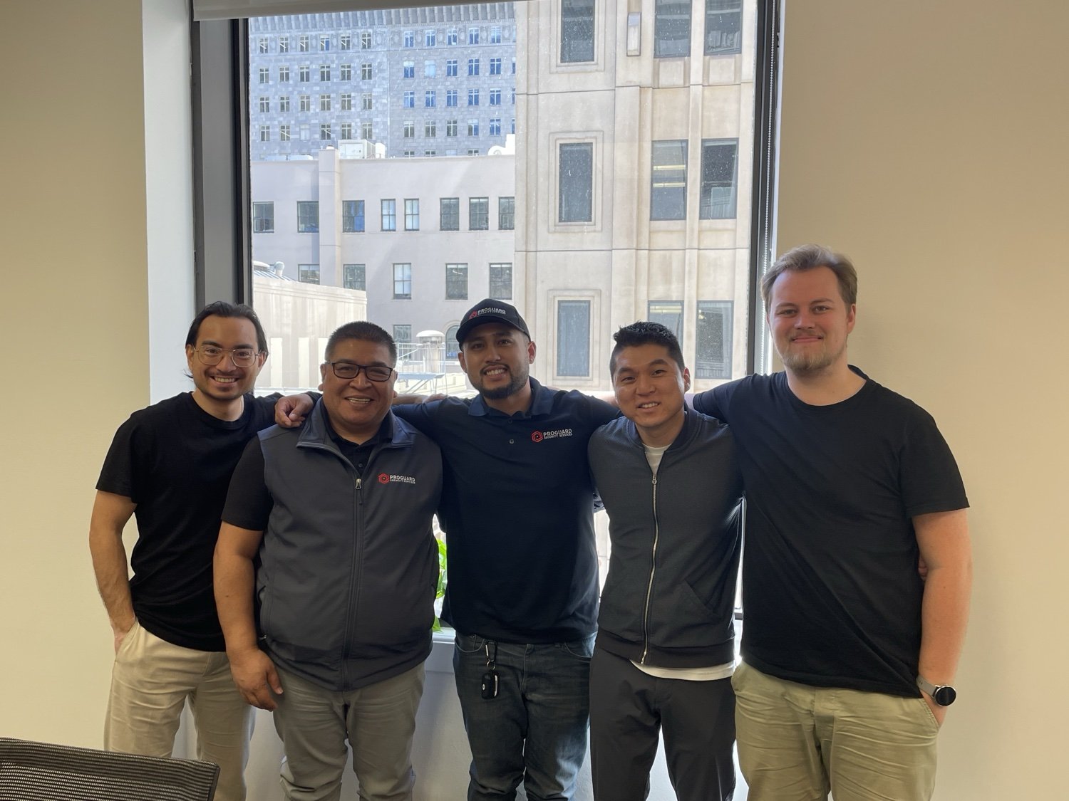The ProGuard Security Services and Incredible teams at the ProGuard office in San Francisco. From left: Fredric Lundberg (Incredible), Ritchie Cabanero, Vice President of Operations, Marvin Lampa, HR Manager, Kyle Rademacher, Office Manager, and Emil Wagman (Incredible).