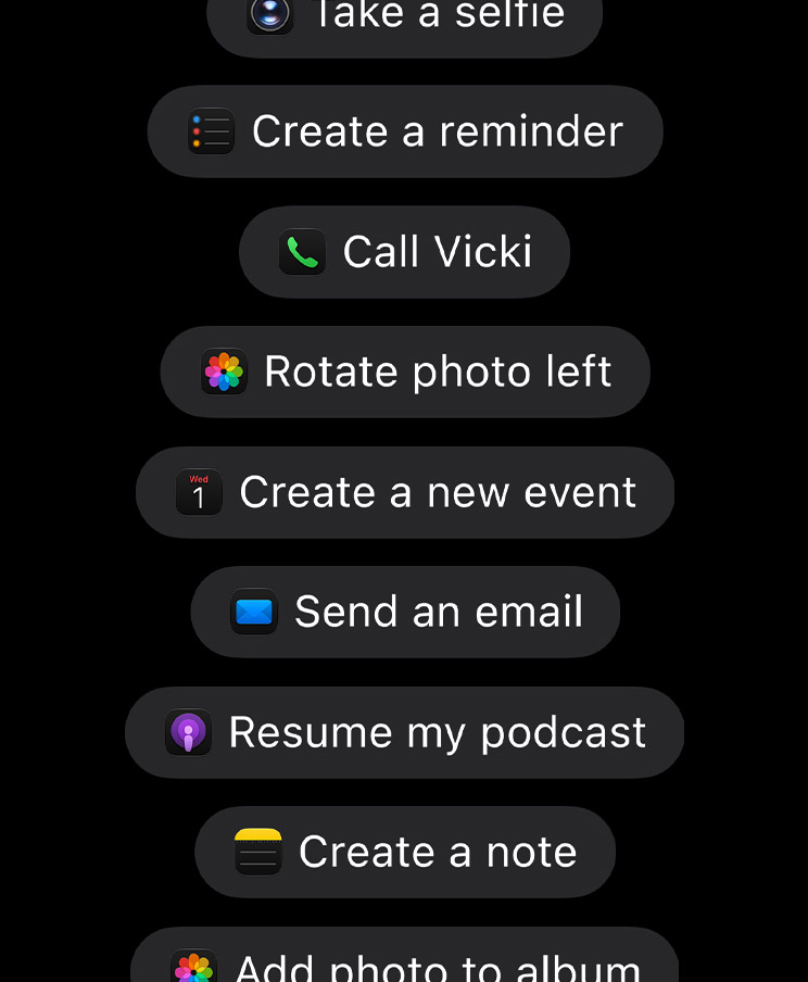 Apple Siri app actions including creating a reminder, calling a contact, rotating a photo, creating an event, and sending an email