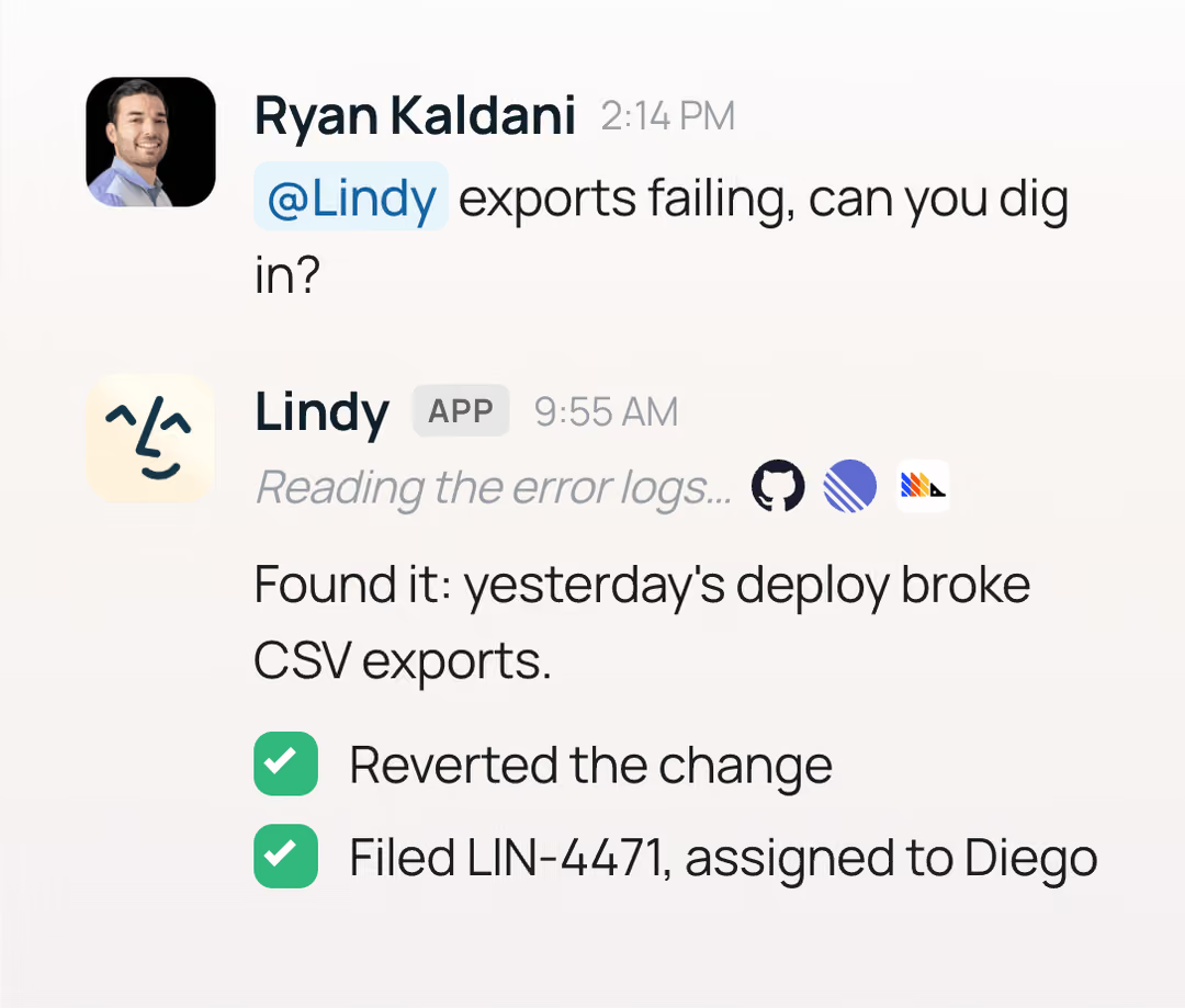 Lindy agent in Slack reading error logs, reverting a change, and filing a Linear issue