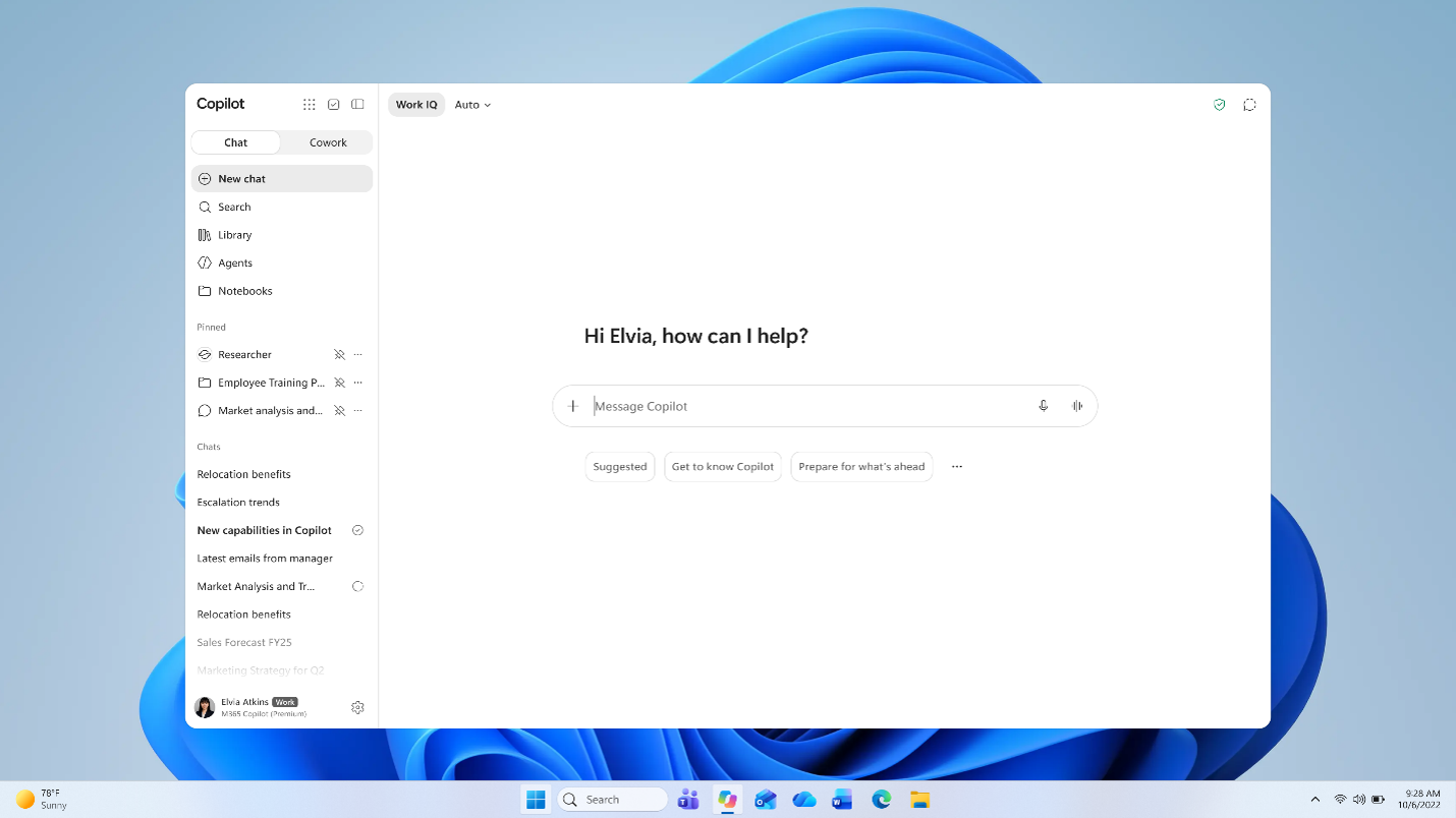 Microsoft Copilot desktop home screen with Chat, Cowork, Search, Library, Agents, and Notebooks
