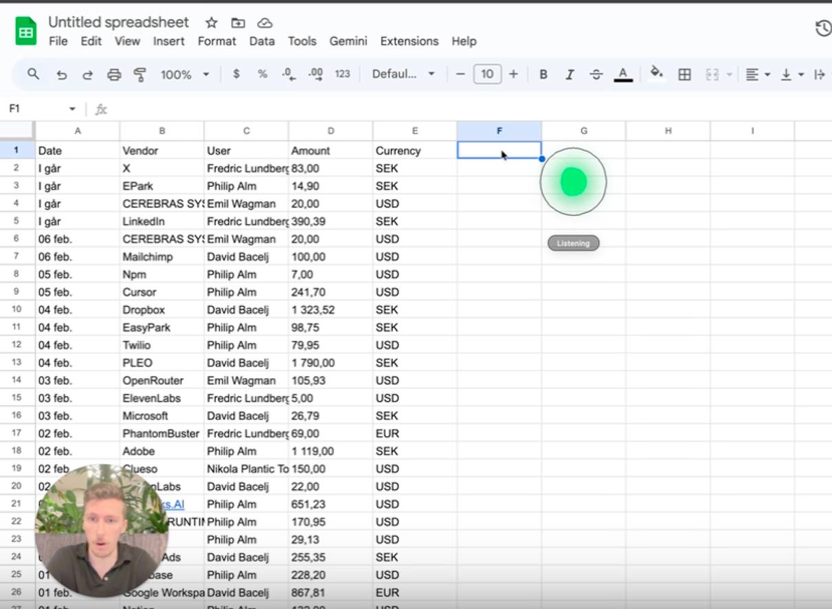 Incredible listening while the user works in a Google Sheets spreadsheet