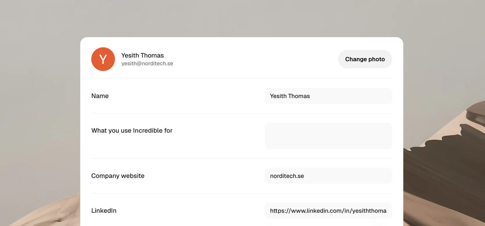 The Account page in Settings