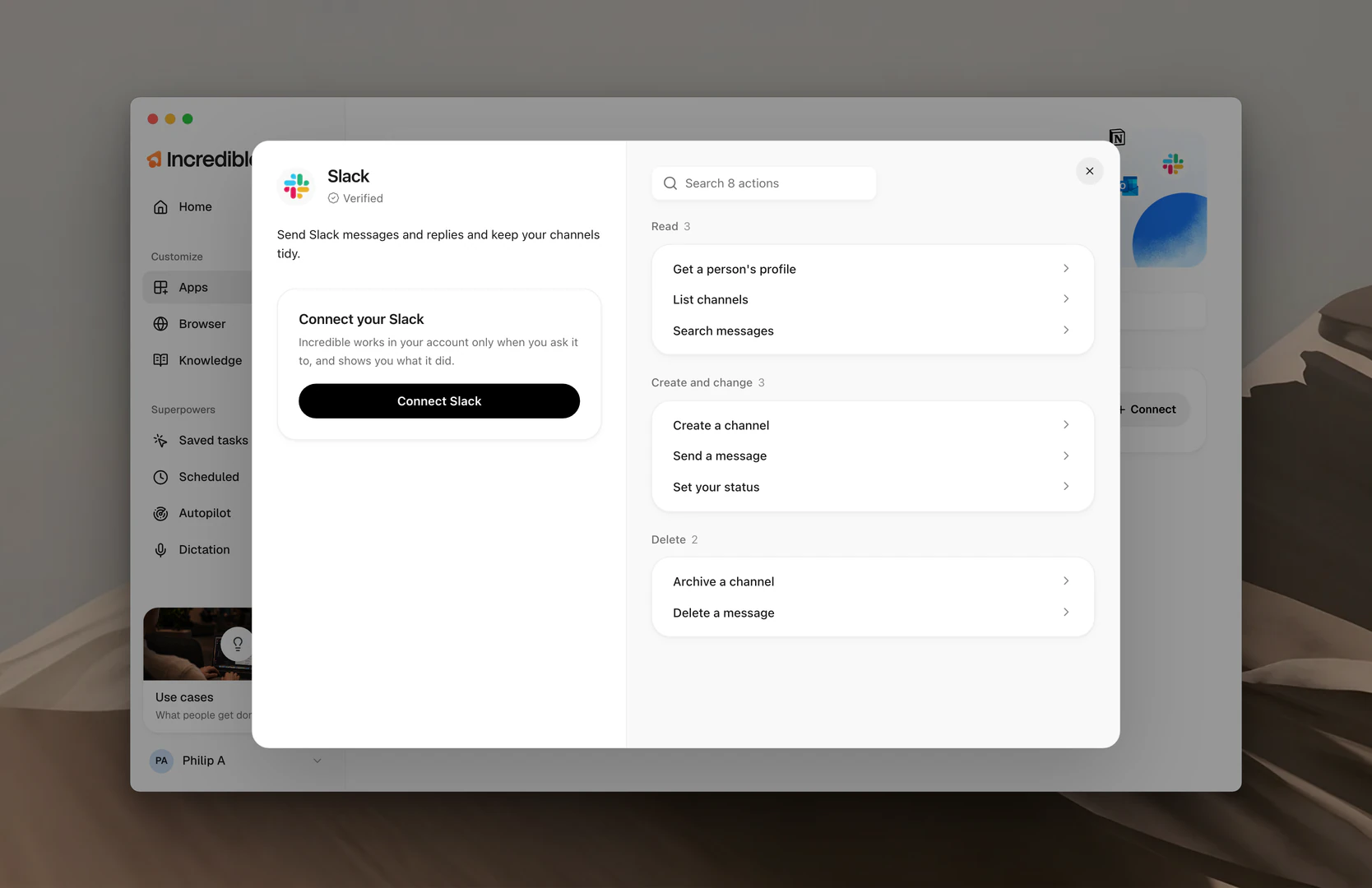 The Slack panel, with what you can do on the left and every action grouped on the right