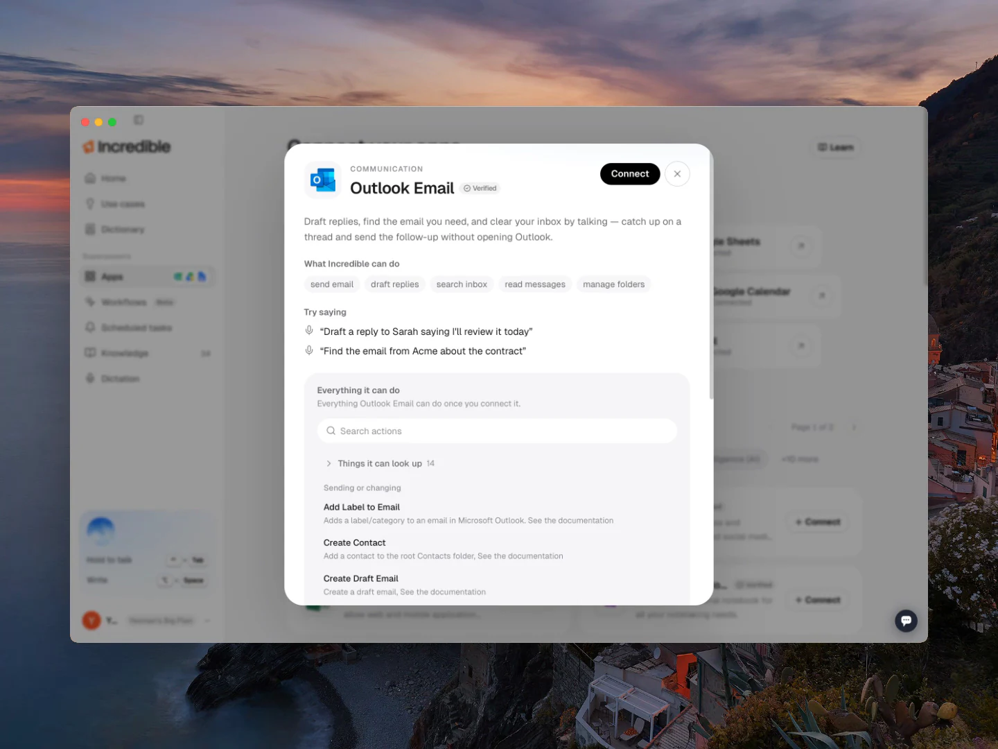 Incredible showing available actions for a connected Outlook account