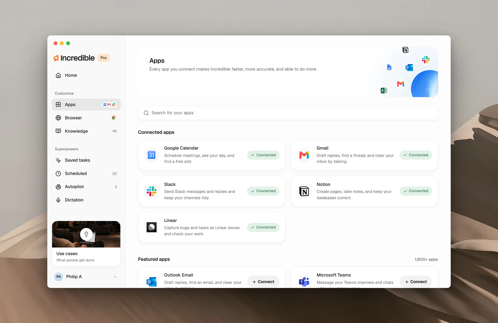 The Apps page, with your connected apps and the catalog of apps you can connect