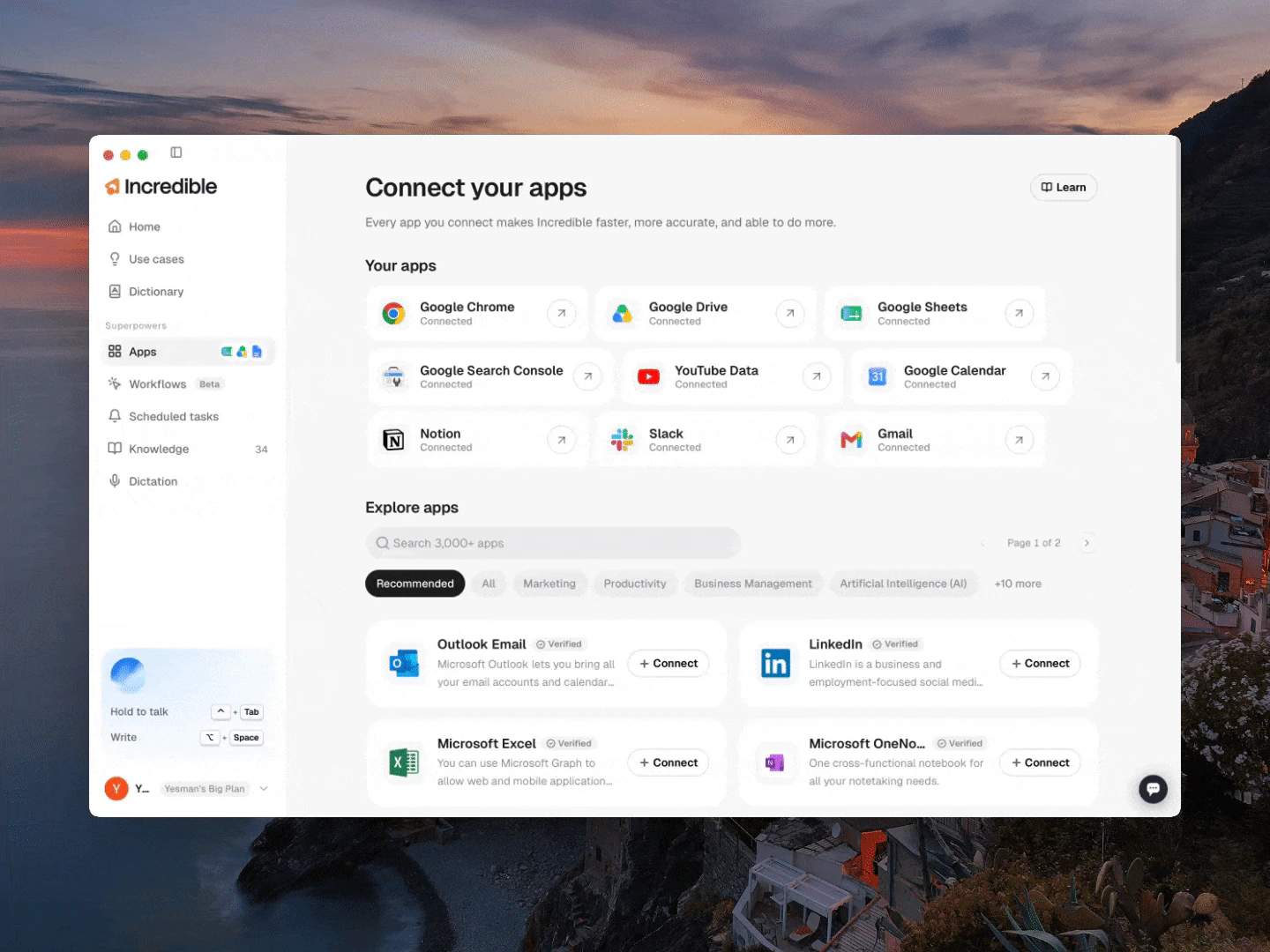 The Apps screen, with connected apps listed at the top and the searchable catalog below