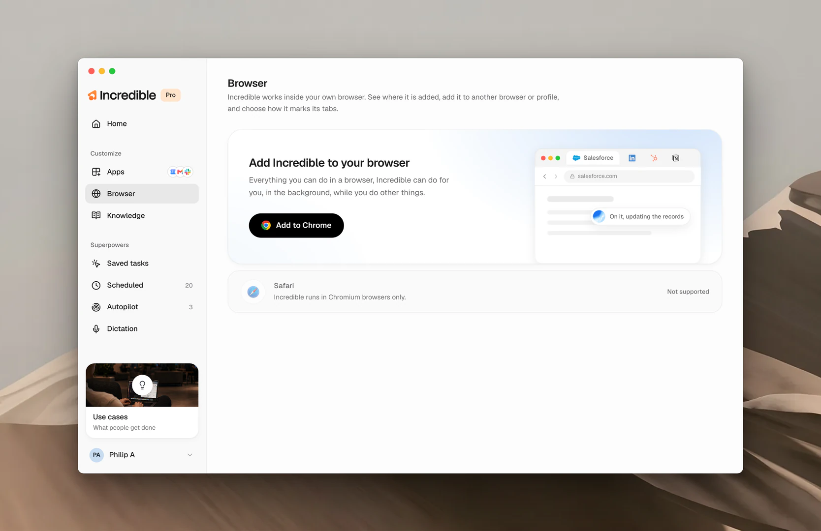 The Browser page, with Add to Chrome and Safari marked Not supported