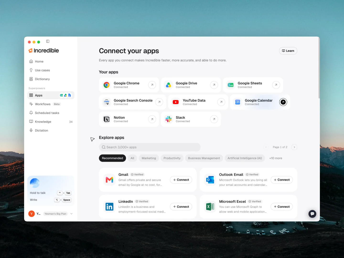 Incredible desktop app showing the Gmail connection screen