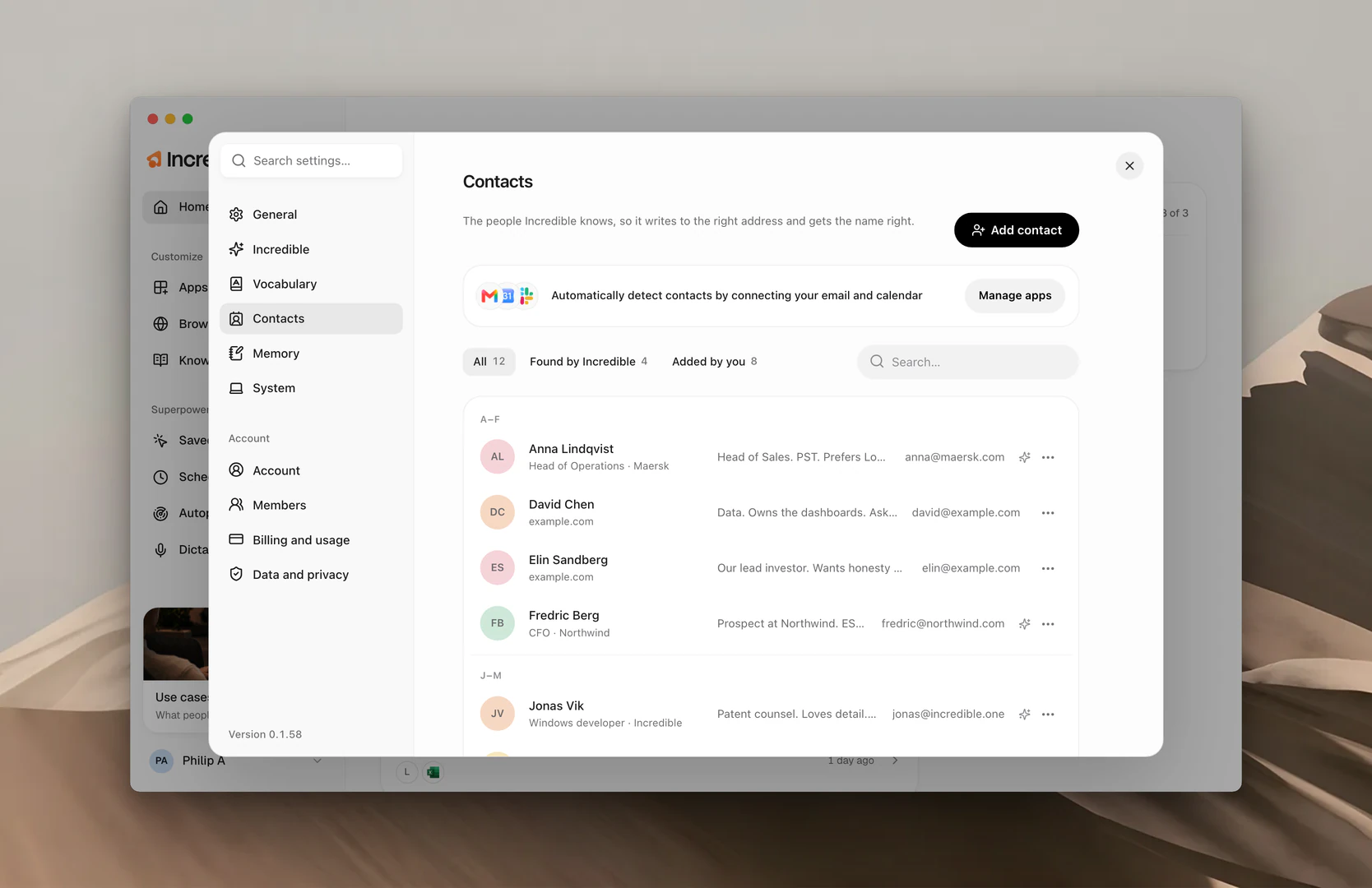 Contacts in Settings, with the list of people Incredible knows and the Add contact button