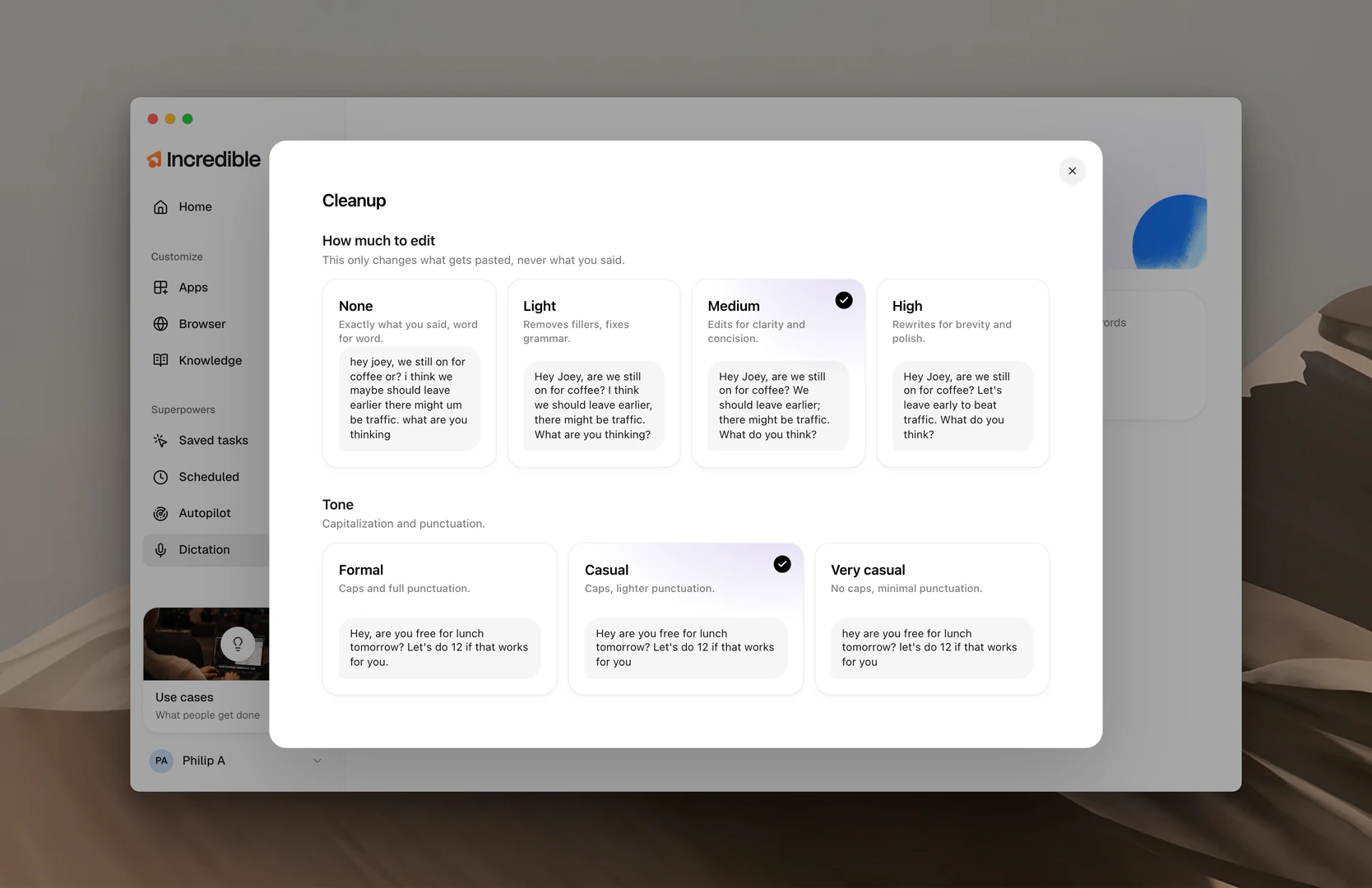 The Cleanup settings, with the four edit levels and three tones