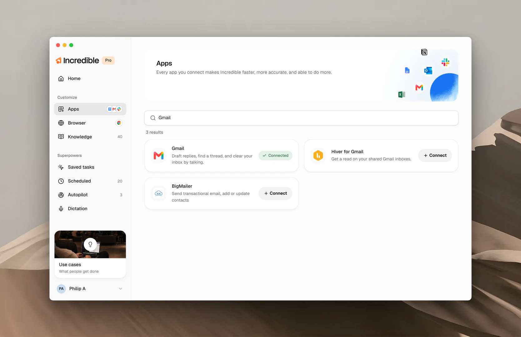 Searching the Apps catalog for Gmail, with the matching apps listed