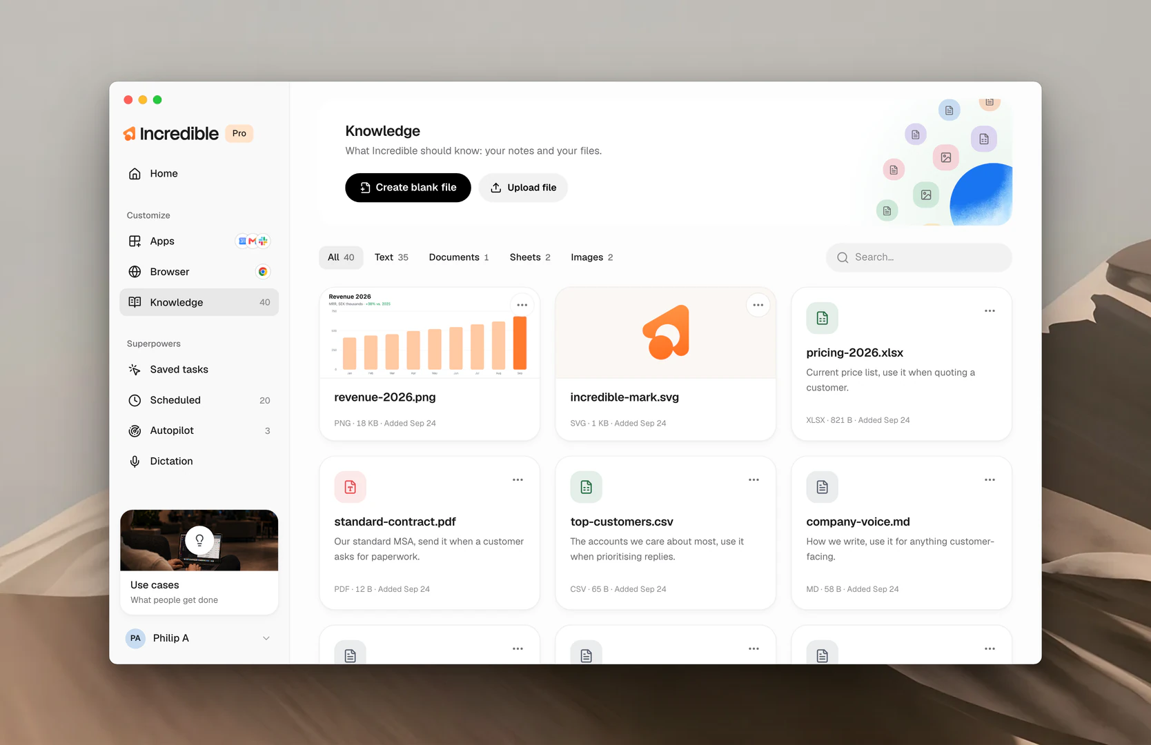 The Knowledge page, with your files laid out as cards and the buttons to create or upload a file