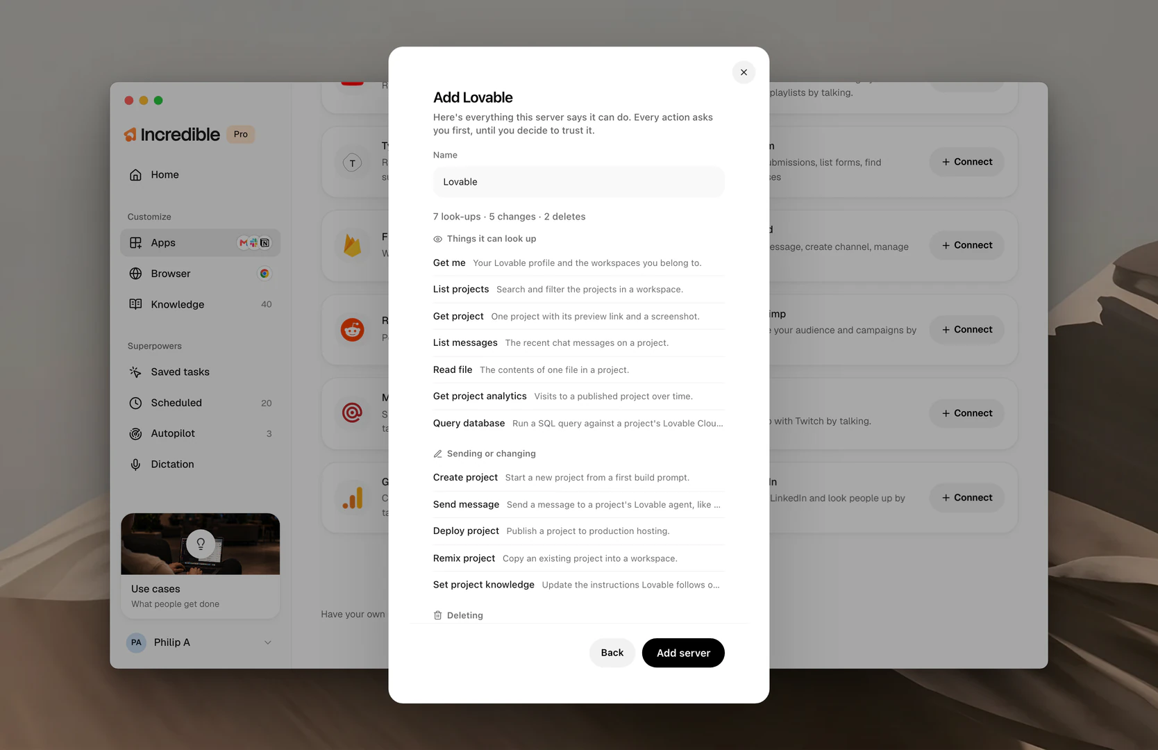 The Add Lovable dialog, listing Lovable's look-ups, changes and deletes above the Add server button