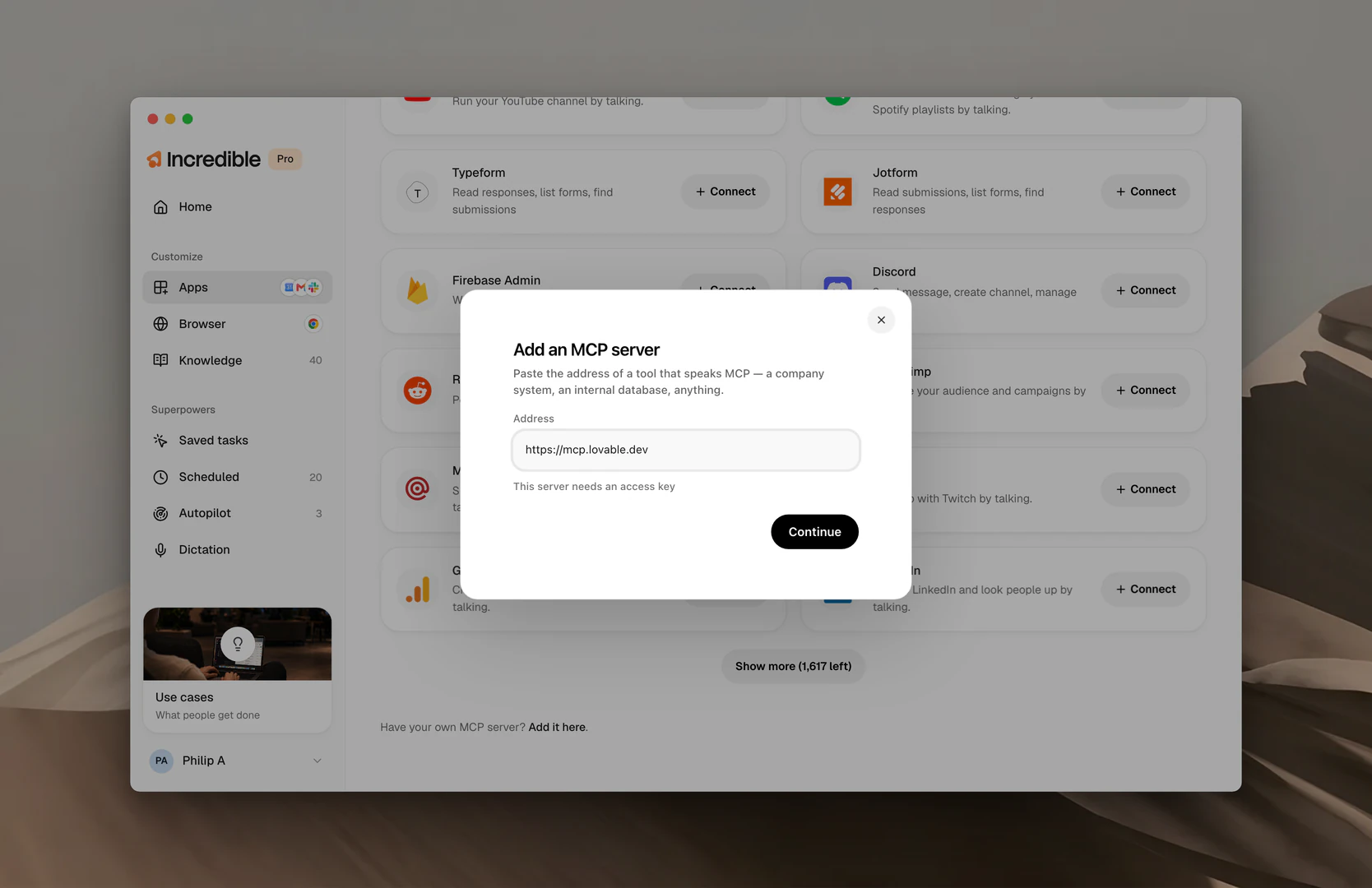 The Add an MCP server dialog, with the Lovable address pasted into Address and the Continue button