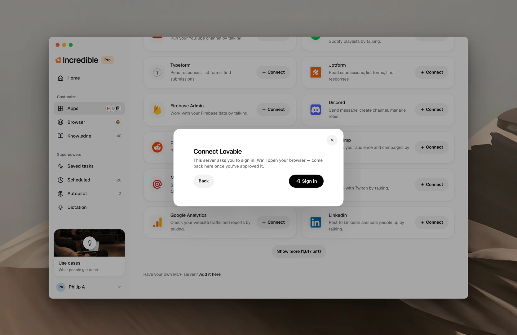 The Connect Lovable dialog, asking you to sign in, with Back and Sign in buttons