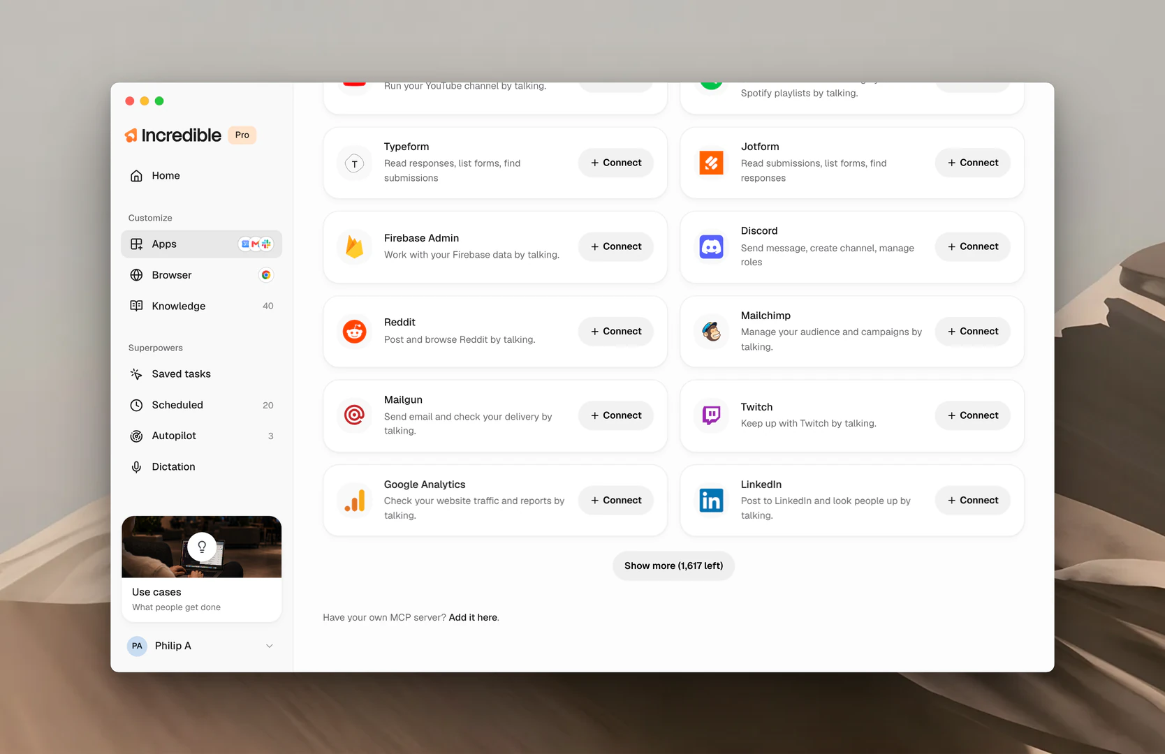 The bottom of the Apps page, with Have your own MCP server? Add it here below the catalog