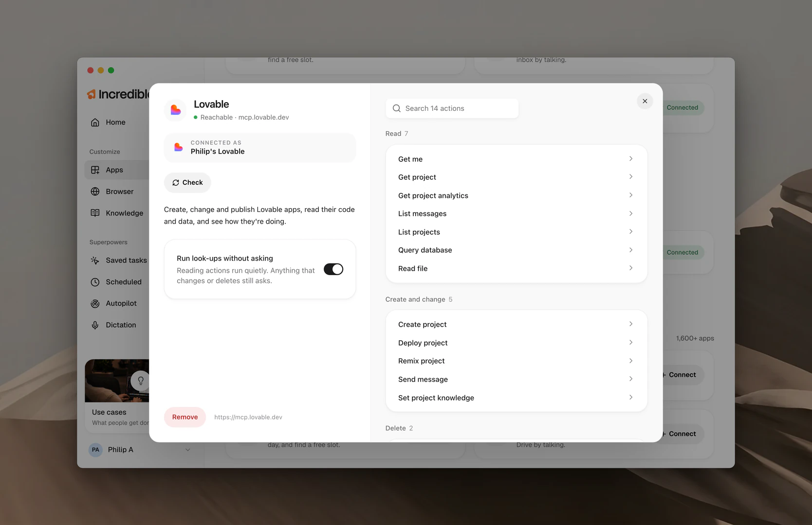 The Lovable panel, with Run look-ups without asking turned on beside the list of its actions