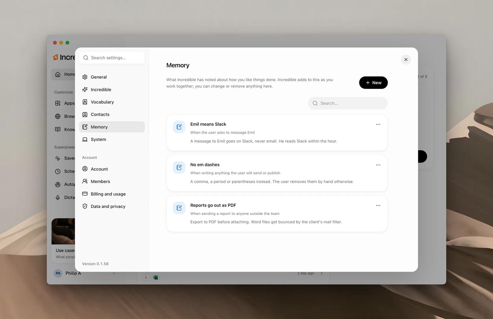 The Memory page in Settings, listing what Incredible has noted about how you like things done