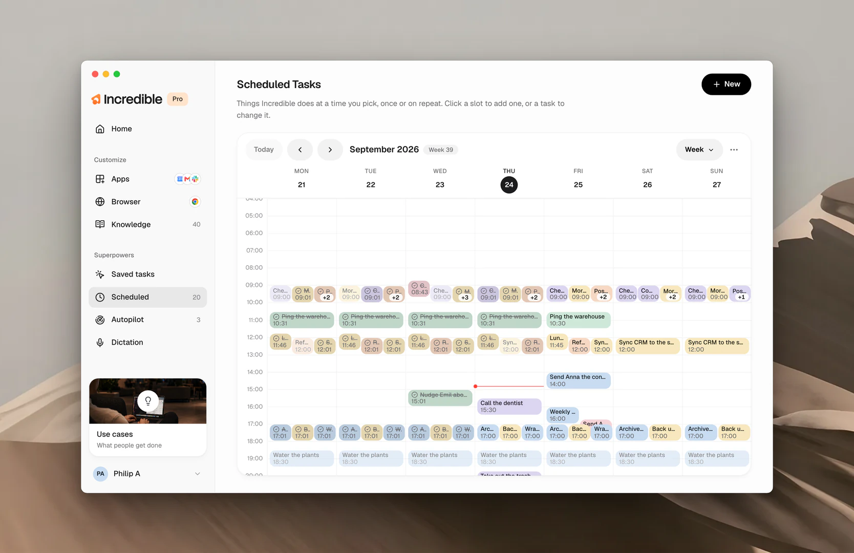 The Scheduled page, a week view with tasks in their time slots