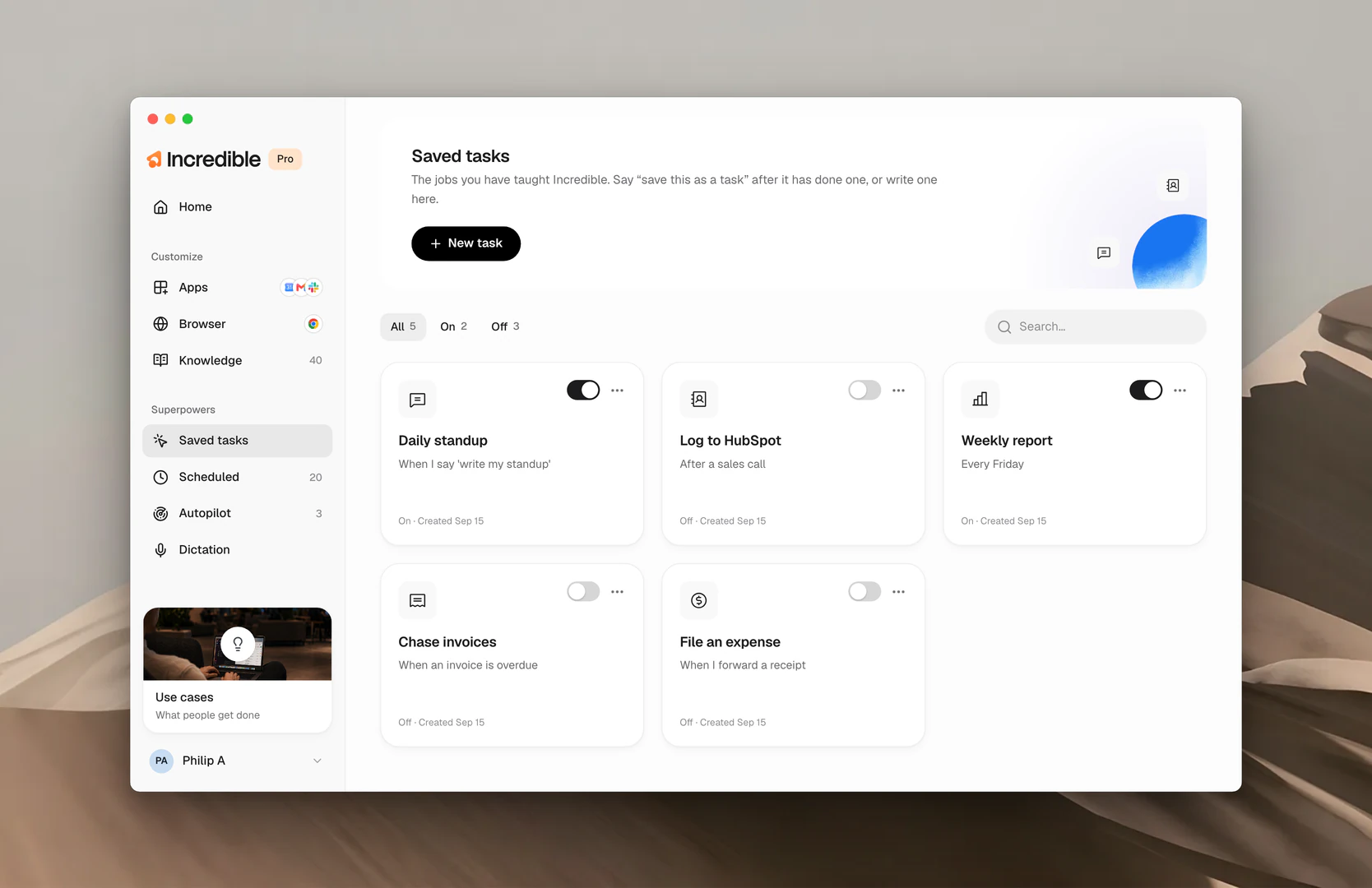The Saved tasks page, with the jobs you've saved on their own cards