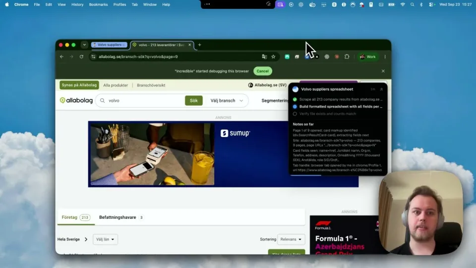 Incredible working in Chrome on a Mac, looking up companies on a directory site, with its task list open beside the page